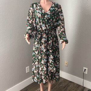 Pretty Garden Flower Floral Long Sz XL Long Sleeve Flowy Dress Boho Chic #44